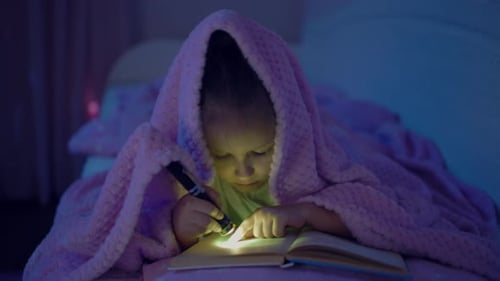 Little Girl Child Reads Book Bedroom Bed With Flashlight Blanket Night