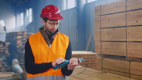 The Ingineer Works in a Warehouse Uses a Tablet
