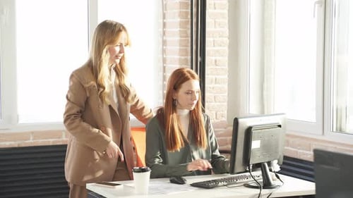 Two Young Women Collaborate in Office