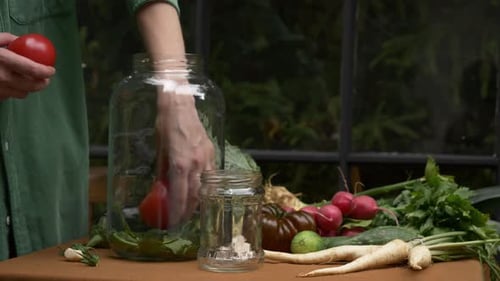 Vegetables Preserved In Jar By Woman Indoors