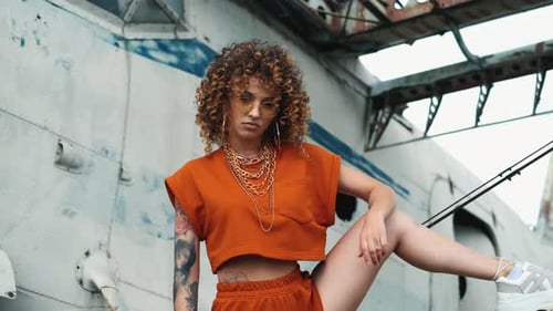 Stylish Woman Posing in Front of Airplane