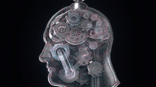 Futuristic Mechanical Brain with Gears and Digital Data Animation