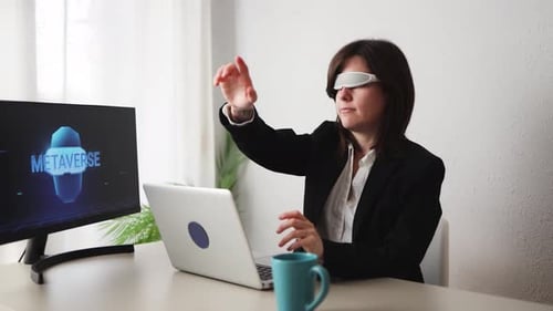 Business Woman Working with Augmented Reality Goggles Metaverse Technology Concept