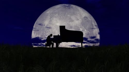 Silhouette of a Pianist Playing Under a Full Moon at Night