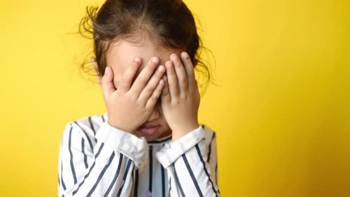 Young Child Covering Eyes in Front of Yellow Background