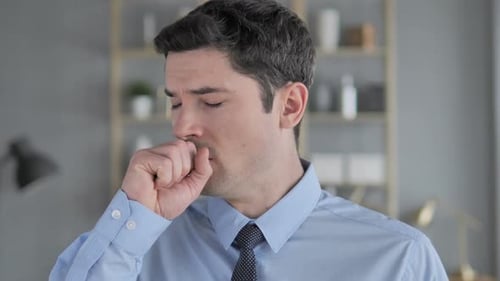Cough Portrait of Sick Young Man Coughing