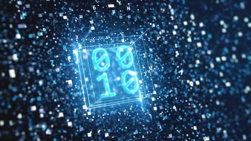 Futuristic Binary Code Data Flow in Digital Cube Animation