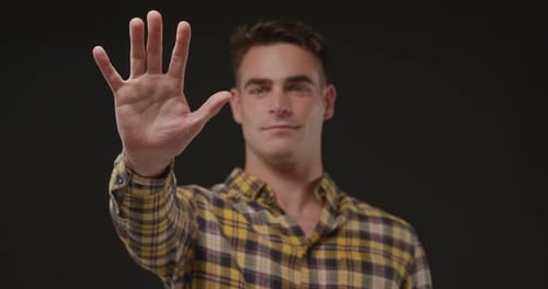 Man using interactive touchscreen