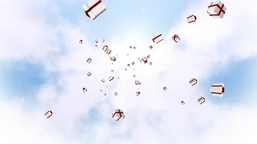 Falling Gift Boxes Loop With Red Ribbons Against Cloudy Sky