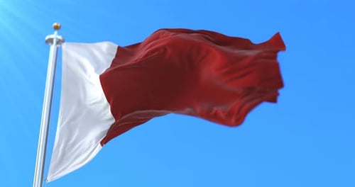 Realistic Red and White Flag Waving Against Blue Sky