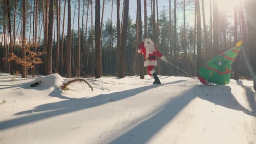 Le Père Noël tire un traîneau avec une poupée d'arbre de Noël
