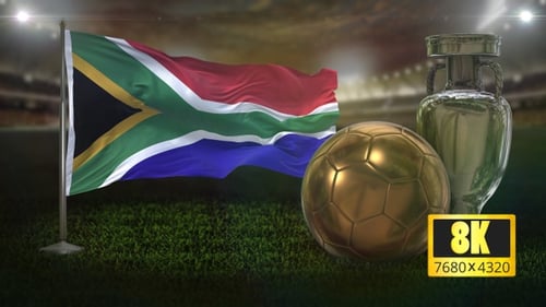 South African Flag, Soccer Ball, and Trophy on Sports Field