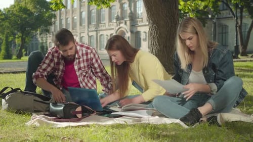 Three Active University Students Studying Outdoors on Sunny Day. Portrait of Interested Young