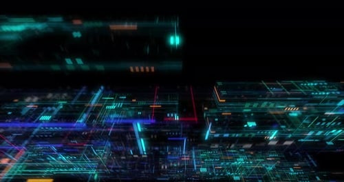 Flying over abstract motion background, a futuristic circuit board loop