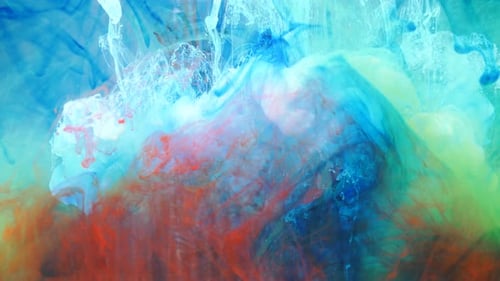 Filling with Blue Green and Red Paint in a Liquid Blue and White Space
