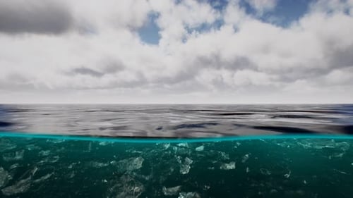 Split View Over and Under Water in the Caribbean Sea with Clouds