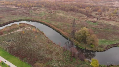 High voltage electric tower, aerial drone view, Transmission power line, Environmental problem