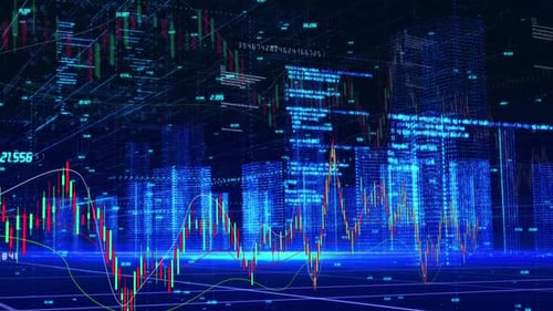 Arquitectura holográfica de estructura alámbrica de ciudad inteligente y gráfico de tendencias de la línea K de stock