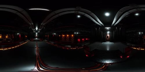 VR360 Futuristic Dark Data Center with Metal and Lights