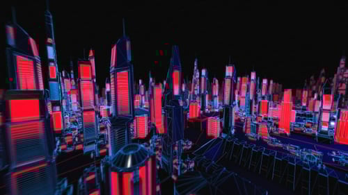 Dynamic Flight Through Neon Futuristic Cityscape Loop