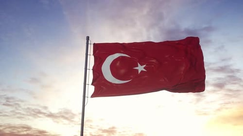 Realistic Turkish Flag Waving in Golden Sky