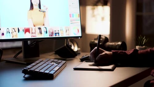 Photographer Using Drawing Pad to Edit Photos at Night