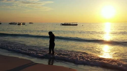 One girl relaxing on tropical sea view beach journey by shallow water and white sandy background of