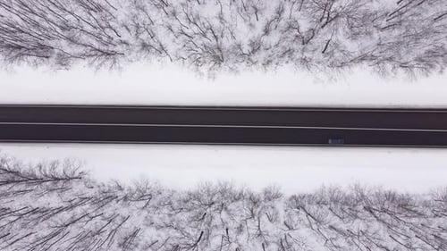 Vista aérea da estrada de inverno e floresta com árvores cobertas de neve