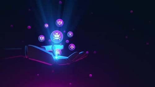 Futuristic Robotic Hand Holding Digital Cybersecurity Icons Animation