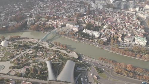 Tbilisi, Georgia - October 25 2021: Flying over Baratashvili bridge in the center of Tbilisi