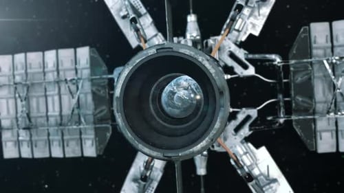 Globe terrestre reflété dans l'objectif d'un satellite espion en orbite