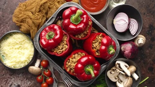 Overhead shot of stuffed pepper ingredients