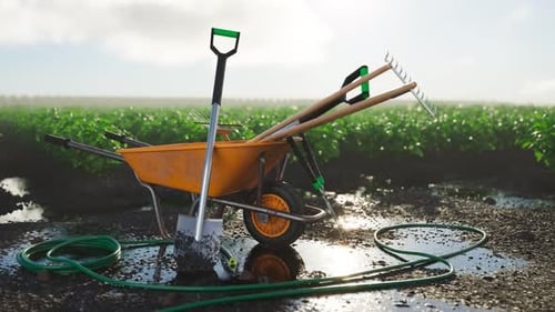 Garden tools gathered around a wheelbarrow in a beautiful, lush field. 4KHD