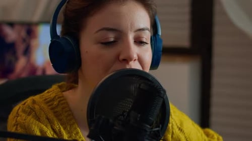 Close Up of Influencer Talking on Podcast Microphone