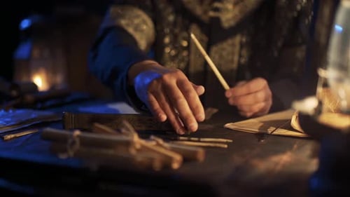 Person Writing with Quill by Lamplight at Desk
