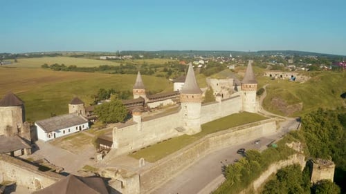 Aerial View of the Ruins of a Large Medieval Castle in Europe
