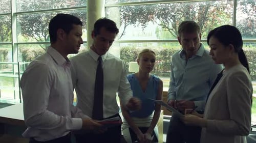 Business Team Reviews Documents in Bright Modern Office