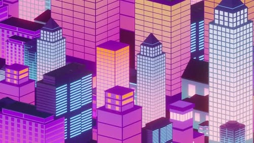 Downtown city with neon glowing building