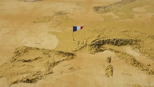 Vintage 3D Relief Map of Europe with Waving French Flag