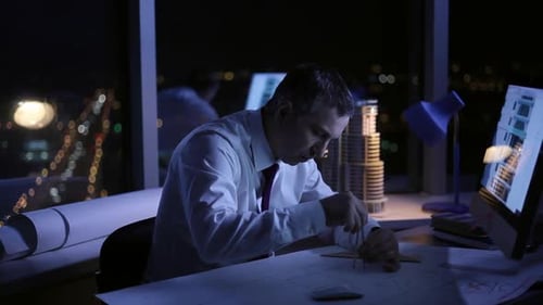 Architect Drawing Building Plans Late at Night