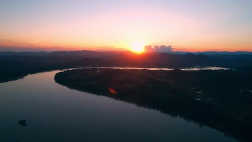 4K Flight Through Landscape River. Sunset landscape