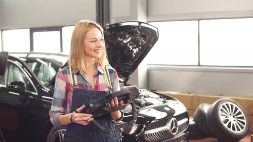 Happy Gorgeous Girl Using Computer Diagnostics While Repairing Car