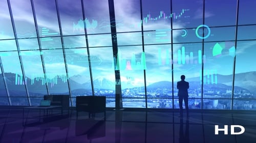 A Male Figure Stands In An Office With Windows Over The Mountains 4K