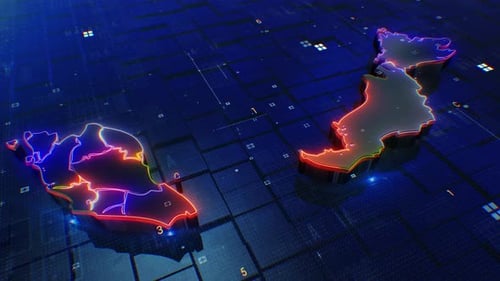 Futuristic 3D Map Outlines with Neon Glow on Digital Grid