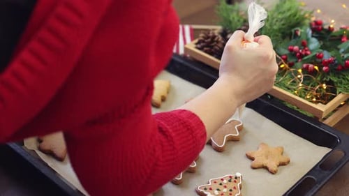 Hand Red Decorating Gingerbread Biscuits White Icing Sugar Glaze Winter Holidays