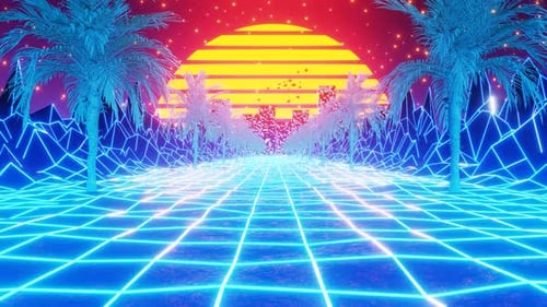 Synthwave-Sonnenaufgang im Retro-Stil der 80er Jahre mit Palmen in perfekter Schleife