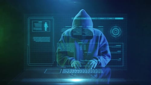 Hacker Coding on Futuristic Computer at Night