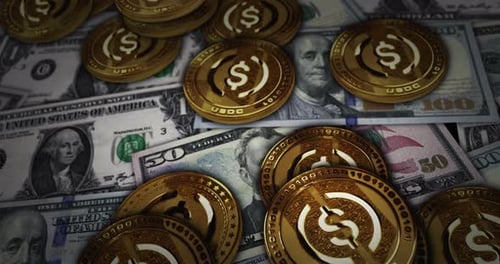 USDC Cryptocurrency Coins and US Dollar Bills Finance Background