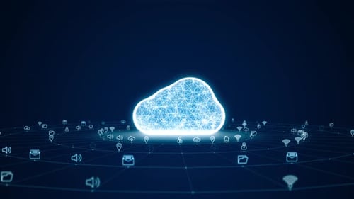 Blaues digitales 3D-Cloud-Logo mit futuristischem Technologiesymbol und abstraktem Hintergrund der Linienverbindung