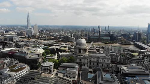 Aerial view of St Pauls Cathedral and The Shard on a sunny day